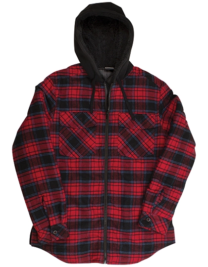 Men´s Flannel Jacket With Sherpa Hoodie zum Besticken und Bedrucken in der Farbe Red - Navy (Checked) mit Ihren Logo, Schriftzug oder Motiv.