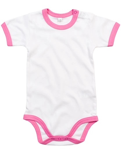 Baby Ringer Bodysuit zum Besticken und Bedrucken in der Farbe White-Bubble Gum Pink mit Ihren Logo, Schriftzug oder Motiv.