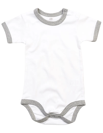 Baby Ringer Bodysuit zum Besticken und Bedrucken in der Farbe White-Heather Grey Melange mit Ihren Logo, Schriftzug oder Motiv.
