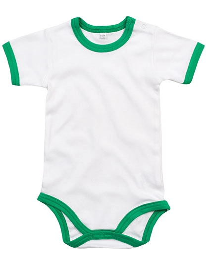 Baby Ringer Bodysuit zum Besticken und Bedrucken in der Farbe White-Kelly Green mit Ihren Logo, Schriftzug oder Motiv.