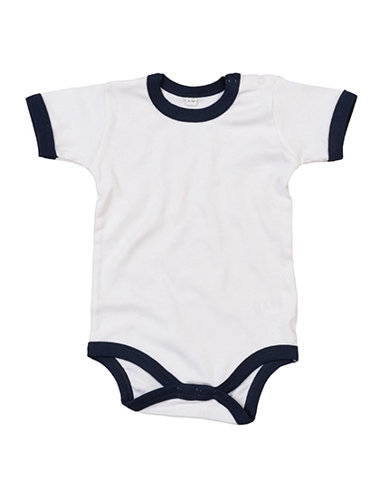 Baby Ringer Bodysuit zum Besticken und Bedrucken in der Farbe White-Nautical Navy mit Ihren Logo, Schriftzug oder Motiv.