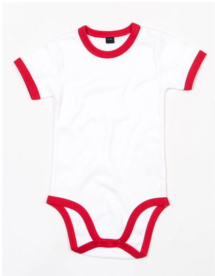 Baby Ringer Bodysuit zum Besticken und Bedrucken in der Farbe White-Red mit Ihren Logo, Schriftzug oder Motiv.