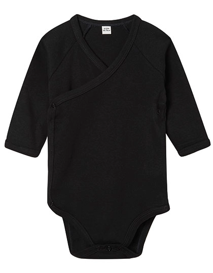 Baby Long Sleeve Kimono Bodysuit zum Besticken und Bedrucken in der Farbe Black mit Ihren Logo, Schriftzug oder Motiv.