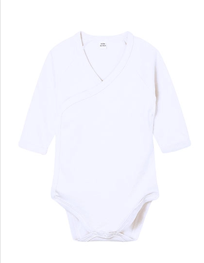 Baby Long Sleeve Kimono Bodysuit zum Besticken und Bedrucken in der Farbe White mit Ihren Logo, Schriftzug oder Motiv.