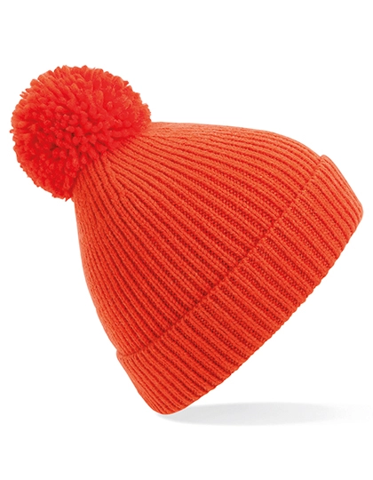 Engineered Knit Ribbed Pom Pom Beanie zum Besticken und Bedrucken in der Farbe Fire Red mit Ihren Logo, Schriftzug oder Motiv.
