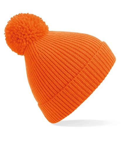 Engineered Knit Ribbed Pom Pom Beanie zum Besticken und Bedrucken in der Farbe Orange mit Ihren Logo, Schriftzug oder Motiv.