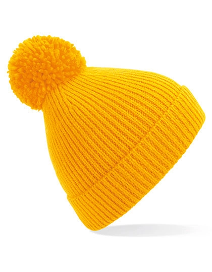 Engineered Knit Ribbed Pom Pom Beanie zum Besticken und Bedrucken in der Farbe Sun Yellow mit Ihren Logo, Schriftzug oder Motiv.