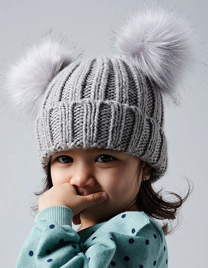 Infant Faux Fur Double Pom Pom Beanie zum Besticken und Bedrucken mit Ihren Logo, Schriftzug oder Motiv.