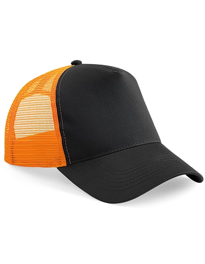Snapback Trucker zum Besticken und Bedrucken in der Farbe Black-Orange mit Ihren Logo, Schriftzug oder Motiv.