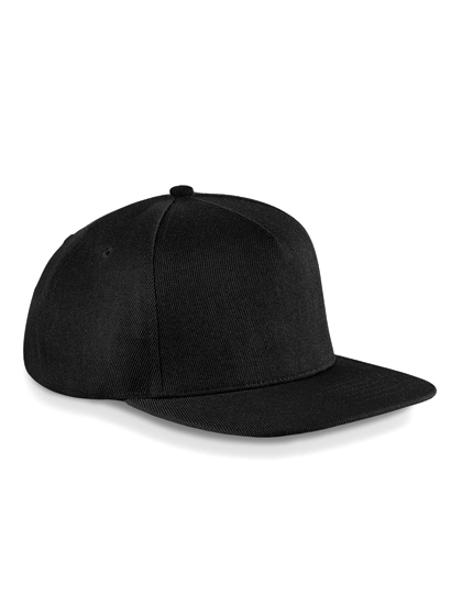 Original Flat Peak Snapback Cap zum Besticken und Bedrucken in der Farbe Black-Black mit Ihren Logo, Schriftzug oder Motiv.