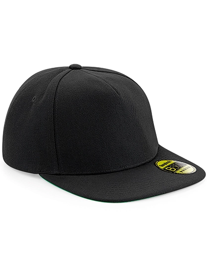 Original Flat Peak Snapback Cap zum Besticken und Bedrucken in der Farbe Black-Black-Black mit Ihren Logo, Schriftzug oder Motiv.