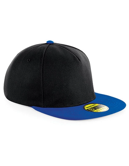 Original Flat Peak Snapback Cap zum Besticken und Bedrucken in der Farbe Black-Bright Royal mit Ihren Logo, Schriftzug oder Motiv.
