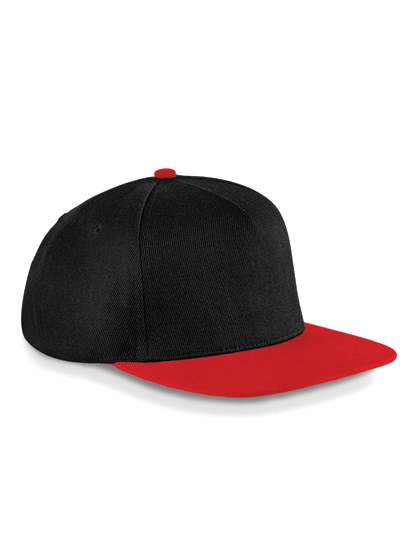 Original Flat Peak Snapback Cap zum Besticken und Bedrucken in der Farbe Black-Classic Red mit Ihren Logo, Schriftzug oder Motiv.