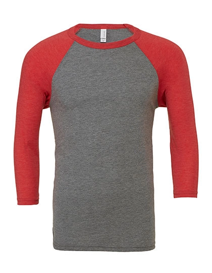 Unisex 3/4 Sleeve Baseball T-Shirt zum Besticken und Bedrucken in der Farbe Grey-Red Triblend (Heather) mit Ihren Logo, Schriftzug oder Motiv.