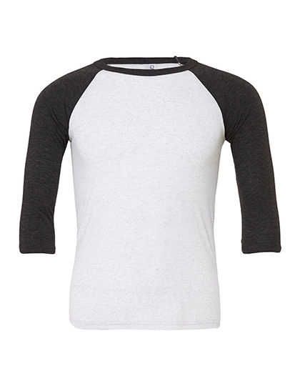 Unisex 3/4 Sleeve Baseball T-Shirt zum Besticken und Bedrucken in der Farbe White Fleck Triblend (Heather)-Charcoal-Black Triblend (Heather) mit Ihren Logo, Schriftzug oder Motiv.