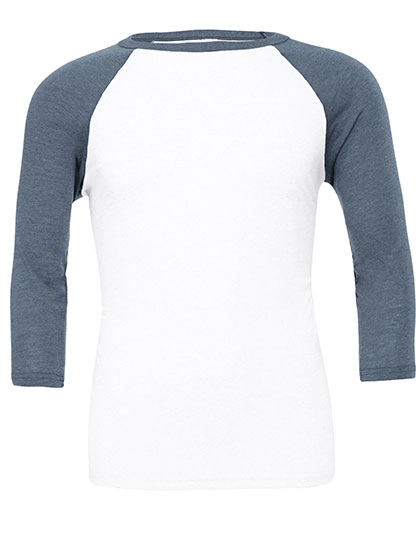 Unisex 3/4 Sleeve Baseball T-Shirt zum Besticken und Bedrucken in der Farbe White-Denim Triblend (Heather) mit Ihren Logo, Schriftzug oder Motiv.