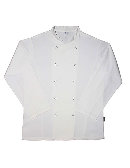 Unisex Long Sleeve Chef Jacket zum Besticken und Bedrucken in der Farbe White mit Ihren Logo, Schriftzug oder Motiv.