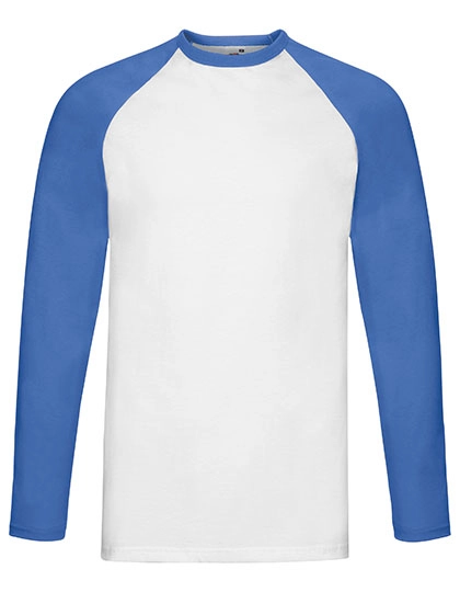 Long Sleeve Baseball T zum Besticken und Bedrucken in der Farbe White-Royal Blue mit Ihren Logo, Schriftzug oder Motiv.