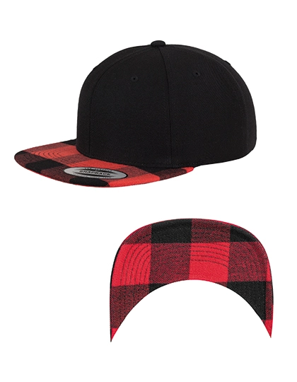 Checked Flanell Peak Snapback Cap zum Besticken und Bedrucken in der Farbe Black-Red mit Ihren Logo, Schriftzug oder Motiv.