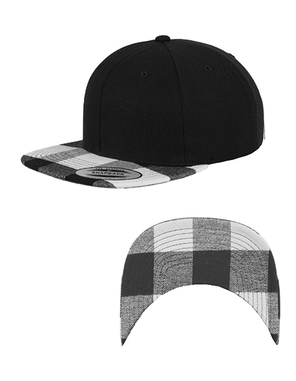 Checked Flanell Peak Snapback Cap zum Besticken und Bedrucken in der Farbe Black-White mit Ihren Logo, Schriftzug oder Motiv.