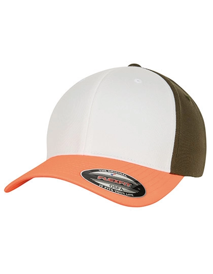 3-Tone Flexfit Cap zum Besticken und Bedrucken in der Farbe Neon Orange-White-Olive mit Ihren Logo, Schriftzug oder Motiv.