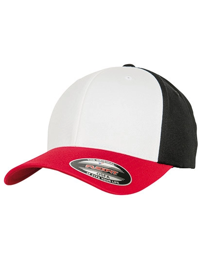 3-Tone Flexfit Cap zum Besticken und Bedrucken in der Farbe Red-White-Black mit Ihren Logo, Schriftzug oder Motiv.