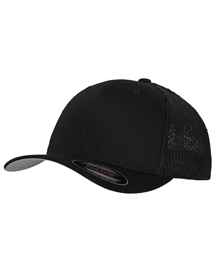 Flexfit Mesh Trucker Cap zum Besticken und Bedrucken in der Farbe Black mit Ihren Logo, Schriftzug oder Motiv.