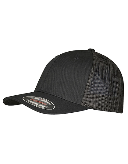 Flexfit Trucker Recycled Mesh Cap zum Besticken und Bedrucken in der Farbe Black-Black mit Ihren Logo, Schriftzug oder Motiv.