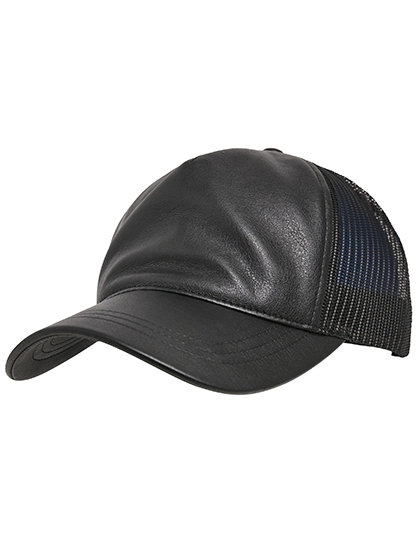 Leather Trucker Cap zum Besticken und Bedrucken in der Farbe Black-Black mit Ihren Logo, Schriftzug oder Motiv.