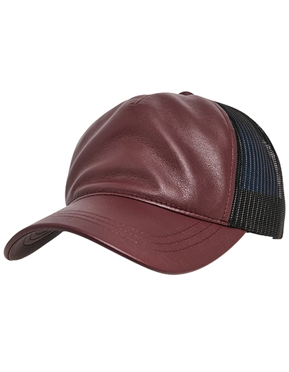 Leather Trucker Cap zum Besticken und Bedrucken in der Farbe Maroon-Black mit Ihren Logo, Schriftzug oder Motiv.