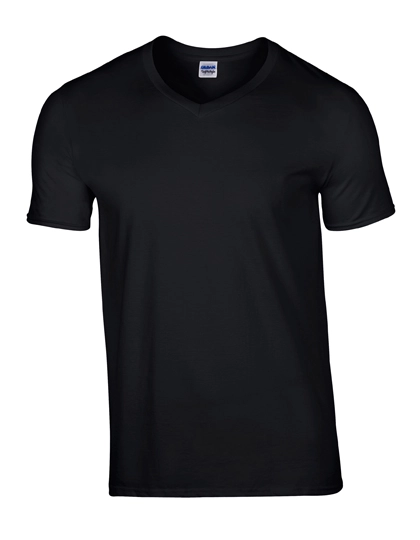 Softstyle® V-Neck T-Shirt zum Besticken und Bedrucken in der Farbe Black mit Ihren Logo, Schriftzug oder Motiv.