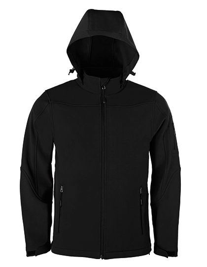 Men´s Hooded Soft-Shell Jacket zum Besticken und Bedrucken in der Farbe Black mit Ihren Logo, Schriftzug oder Motiv.