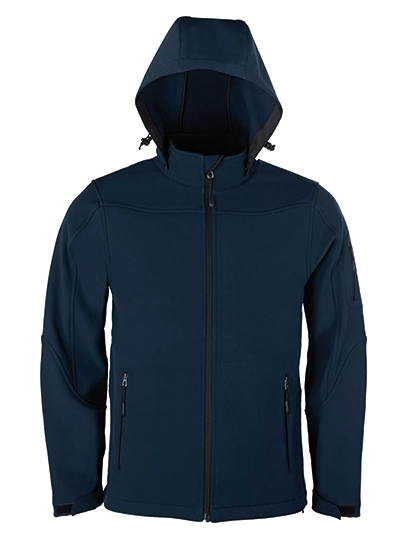 Men´s Hooded Soft-Shell Jacket zum Besticken und Bedrucken in der Farbe Navy mit Ihren Logo, Schriftzug oder Motiv.