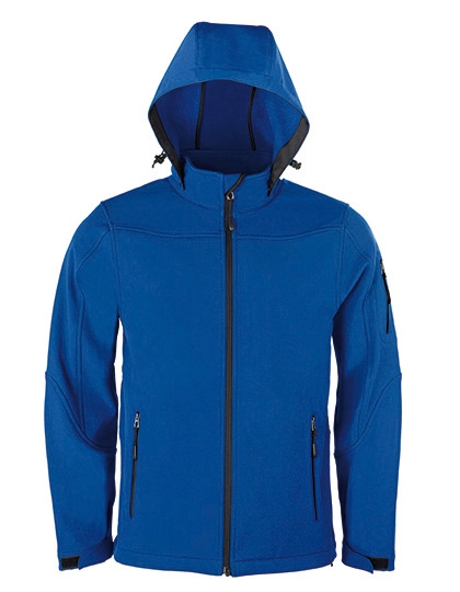 Men´s Hooded Soft-Shell Jacket zum Besticken und Bedrucken in der Farbe Royal Blue mit Ihren Logo, Schriftzug oder Motiv.