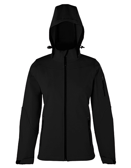 Women´s Hooded Soft-Shell Jacket zum Besticken und Bedrucken in der Farbe Black mit Ihren Logo, Schriftzug oder Motiv.