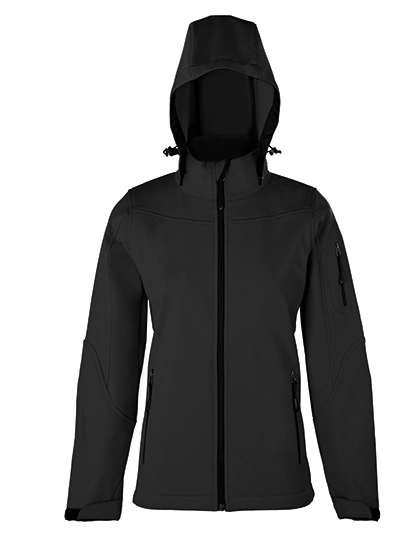 Women´s Hooded Soft-Shell Jacket zum Besticken und Bedrucken in der Farbe Dark Grey mit Ihren Logo, Schriftzug oder Motiv.