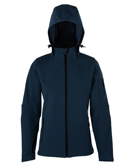 Women´s Hooded Soft-Shell Jacket zum Besticken und Bedrucken in der Farbe Navy mit Ihren Logo, Schriftzug oder Motiv.