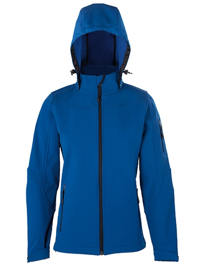 Women´s Hooded Soft-Shell Jacket zum Besticken und Bedrucken in der Farbe Royal Blue mit Ihren Logo, Schriftzug oder Motiv.