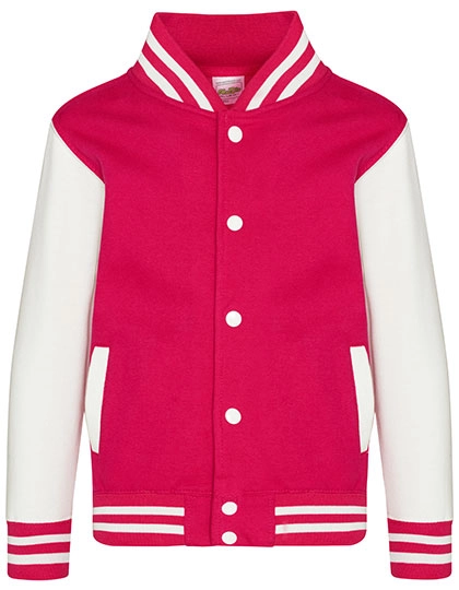 Kids´ Varsity Jacket zum Besticken und Bedrucken in der Farbe Hot Pink-White mit Ihren Logo, Schriftzug oder Motiv.
