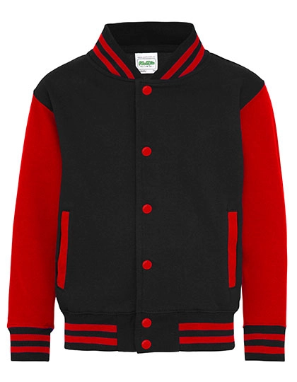 Kids´ Varsity Jacket zum Besticken und Bedrucken in der Farbe Jet Black-Fire Red mit Ihren Logo, Schriftzug oder Motiv.