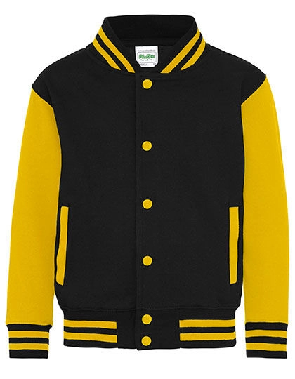 Kids´ Varsity Jacket zum Besticken und Bedrucken in der Farbe Jet Black-Sun Yellow mit Ihren Logo, Schriftzug oder Motiv.