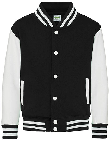Kids´ Varsity Jacket zum Besticken und Bedrucken in der Farbe Jet Black-White mit Ihren Logo, Schriftzug oder Motiv.