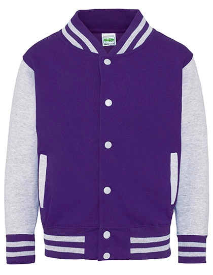 Kids´ Varsity Jacket zum Besticken und Bedrucken in der Farbe Purple-Heather Grey mit Ihren Logo, Schriftzug oder Motiv.