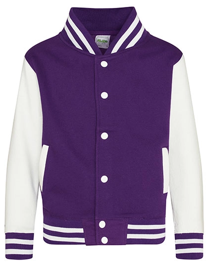 Kids´ Varsity Jacket zum Besticken und Bedrucken in der Farbe Purple-White mit Ihren Logo, Schriftzug oder Motiv.