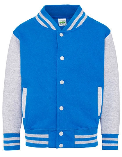 Kids´ Varsity Jacket zum Besticken und Bedrucken in der Farbe Sapphire Blue-Heather Grey mit Ihren Logo, Schriftzug oder Motiv.