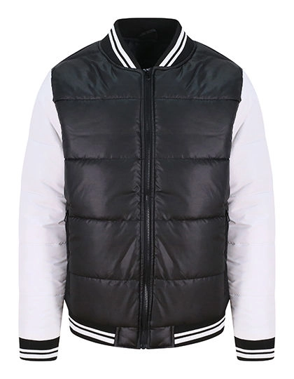 Varsity Puffer Jacket zum Besticken und Bedrucken in der Farbe Jet Black-White mit Ihren Logo, Schriftzug oder Motiv.
