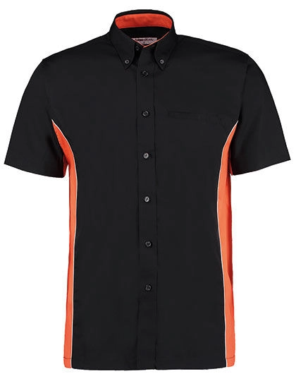 Classic Fit Sportsman Shirt Short Sleeve zum Besticken und Bedrucken in der Farbe Black-Orange-White mit Ihren Logo, Schriftzug oder Motiv.