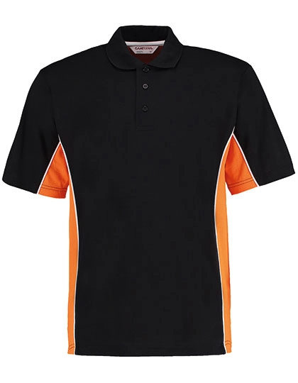 Classic Fit Track Polo zum Besticken und Bedrucken in der Farbe Black-Orange-White mit Ihren Logo, Schriftzug oder Motiv.