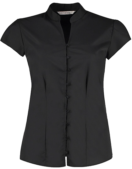 Tailored Fit Poplin Contintental Blouse Mandarin Collar Cap Sleeve zum Besticken und Bedrucken in der Farbe Black mit Ihren Logo, Schriftzug oder Motiv.