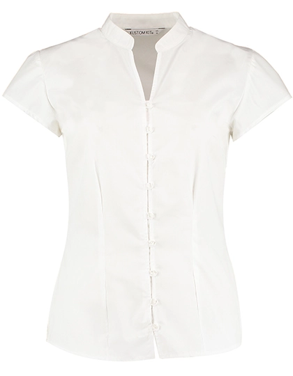 Tailored Fit Poplin Contintental Blouse Mandarin Collar Cap Sleeve zum Besticken und Bedrucken in der Farbe White mit Ihren Logo, Schriftzug oder Motiv.